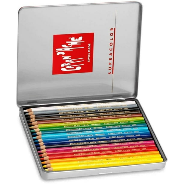 Caran Dache Set Of 18 Supracolor Soft Aquarelle Water Soluble Artist Quality Sketching Colour Pencils Metal Case Tin 3888_318